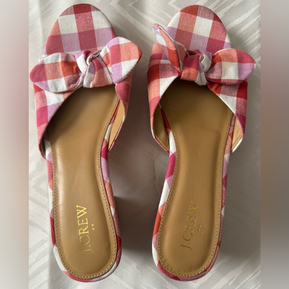 J. Crew Bow Pink and Red Plaid Mules Size 8.5 Wooden Slip On